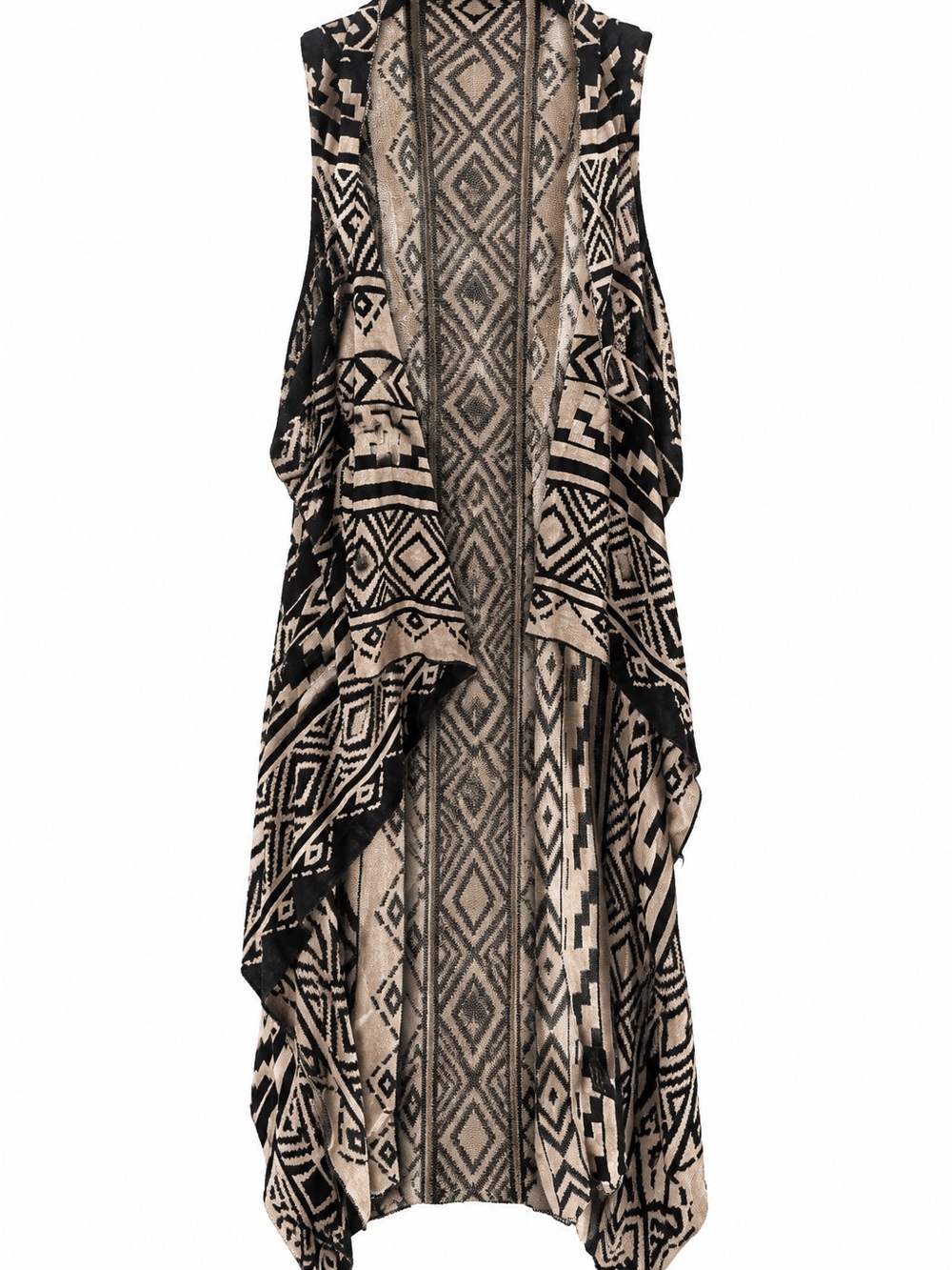 Blu Pepper Black and Cream Aztec Asymmetrical Open-Front Vest